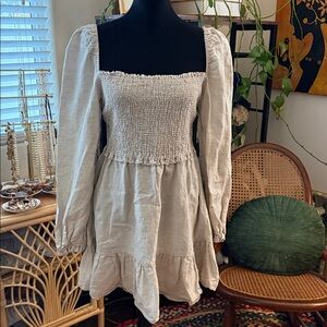 Aritzia Wilfred Tempest Natural Oatmeal Organic Linen Smocked Boho Mini Dress